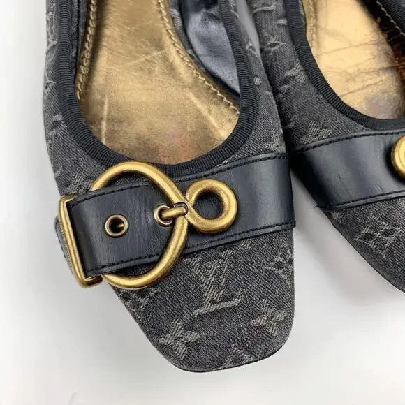Louis Vuitton Monogram Denim Flash Lotus Black Ballerina Flats Women 37.5 US 7.5 - Picture 3 of 12